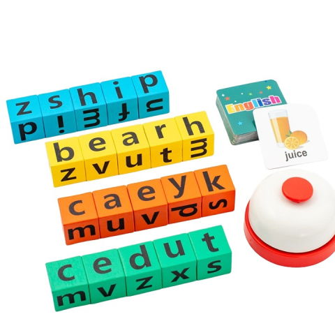 50 - 100 LEI - Joc cu Blocuri din Lemn, Flippy, Formare Cuvinte, Cartonase cu Obiecte si Animale, Clopotel, Joc pentru 4 Persoane, 3 Ani+, 28x15.5x5 cm, Multicolor