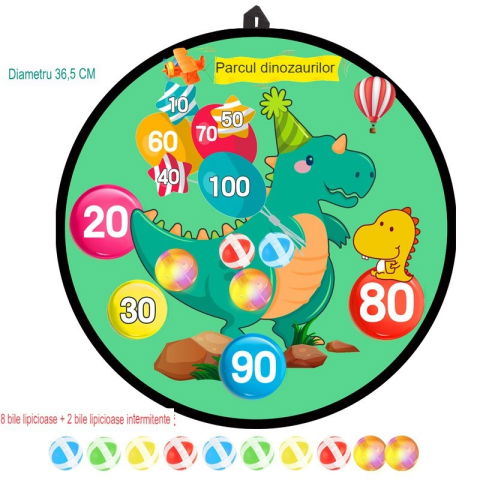 Jucarii interactive - Joc Darts Flippy pentru Copii, Placa Pliabila 36.5 cm, 8 Mingii Velcro/Scai Simple, 2 Mingii Luminoase, Model Dinozaur Park, Verde