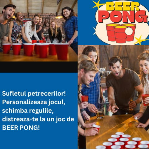 Jocuri de societate - Joc de baut Beer Pong Flippy, 24 Pahare, 24 Mingi, material plastic, reutilizabil, portabil, rosu