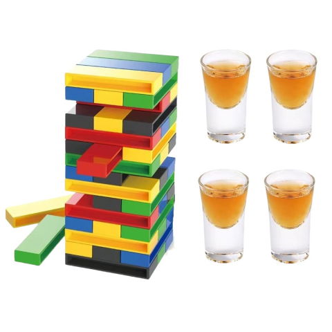 25 - 50 LEI - Joc de Baut Flippy, Turn Jenga din Plastic, cu 4 Pahare de Shot, +18 Ani, Multicolor