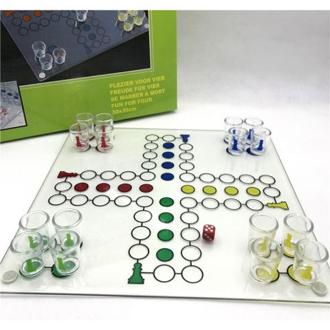 Jocuri de societate - Joc de baut, Nu te supara frate, Flippy, cu pahare de shot din sticla, 30x30 cm, multicolor