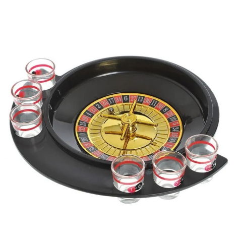 25 - 50 LEI - Joc de Baut Ruleta Flippy, cu 6 Pahare de Shot din Sticla , 30 x 26.5 x 6.5 cm, Rosu/Negru