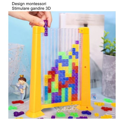 25 - 50 LEI - Joc de inteligenta Tetris puzzle tangram Flippy, 70 de piese multicolore, 3D, montessori, interactiv, din plastic, zar inclus, sac depozitare piese, varsta peste 6 ani, 23 x 19.8 x 5 cm, cadru galben