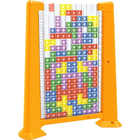 25 - 50 LEI - Joc de inteligenta Tetris puzzle tangram Flippy, 70 de piese multicolore, 3D, montessori, interactiv, din plastic, zar inclus, sac depozitare piese, varsta peste 6 ani, 23 x 19.8 x 5 cm, cadru galben