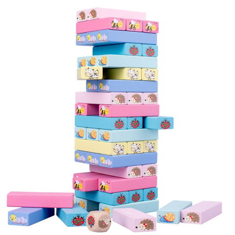 25 - 50 LEI - Joc de Societate, Flippy, pentru Copii, din Lemn, Interactiv, Distractiv, Jenga Stack High Blocks, cu Zar, 51 de Piese Animate, 24.5x18x5 cm, Multicolor