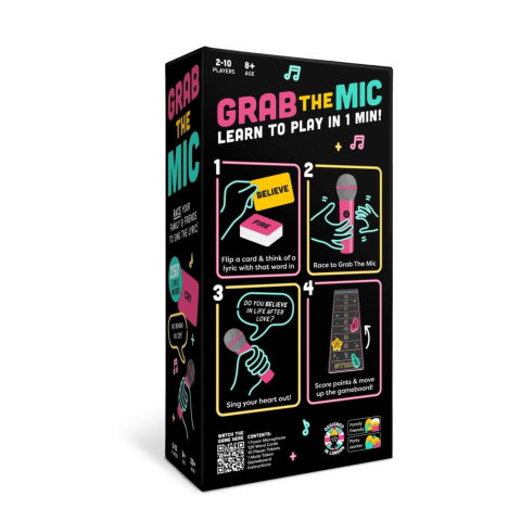 Import - Joc de Societate Grab The Mic, Flippy, Tip Karaoke, 125 de Carti cu Cuvinte, Microfon din Spuma, Tabla de Joc, Jetoane, 11.5 x 22 x 7 cm, Negru/Roz 