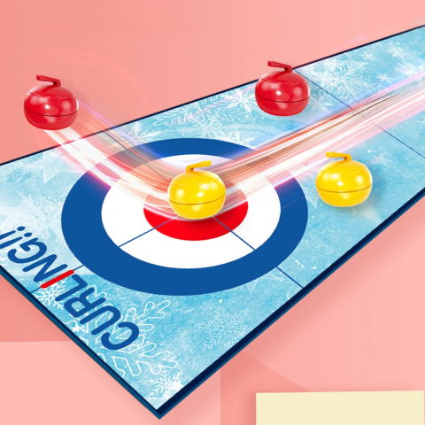 10 - 25 LEI - Joc Interactiv, Flippy, Covor de Curling 90 x 20 cm, 1-4 Jucatori, +5 Ani, 6 Mingi Incluse, Albastru