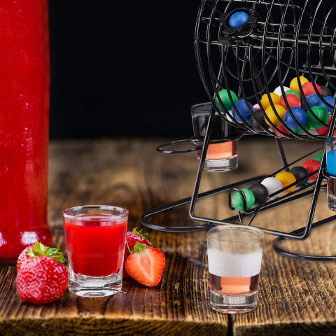 50 - 100 LEI - Joc Mini Loterie Flippy, Bingo, cu Pahare de Shot din Sticla, 20 x 20 x 19 cm, 48 Bile, Negru