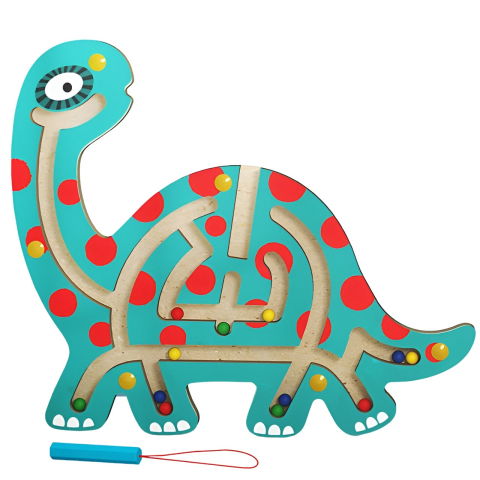 10 - 25 LEI - Joc Montessori cu Bile, Flippy, Creion Magnetic, Tip Labirint, din Lemn, Model Brontozaur, 18x21 cm, Verde