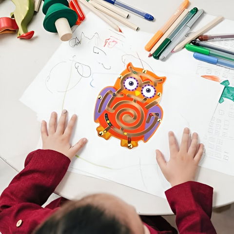 10 - 25 LEI - Joc Montessori cu Bile, Flippy, Creion Magnetic, Tip Labirint, din Lemn, Model Bufnita, 18.5x17.5 cm, Portocaliu-Mov