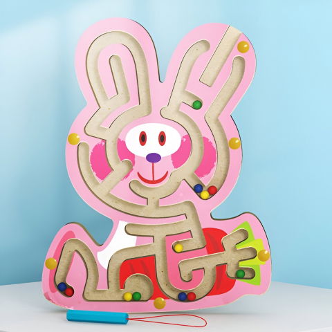 10 - 25 LEI - Joc Montessori cu Bile, Flippy, Creion Magnetic, Tip Labirint, din Lemn, Model Iepuras, 19.5x15.5 cm, Roz