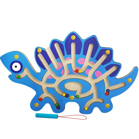 10 - 25 LEI - Joc Montessori cu Bile, Flippy, Creion Magnetic, Tip Labirint, din Lemn, Model Stegozaur, 25x15.5 cm, Albastru