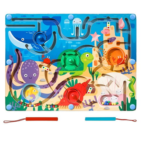 50 - 100 LEI - Joc Montessori de Sortare Culori, Flippy, Creion Magnetic, Tip Labirint Ilustrat, din Lemn, Model Animale Marine, 39x29x1.5 cm