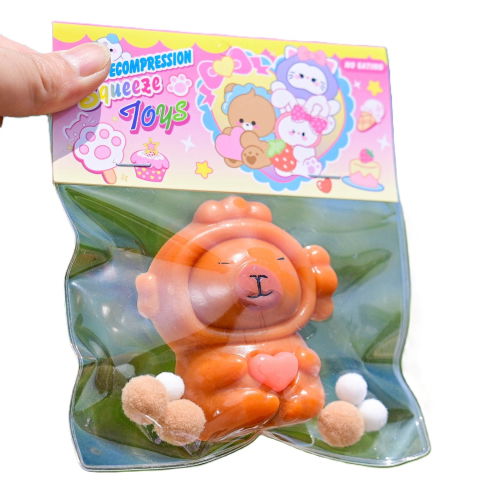 10 - 25 LEI - Jucarie Antistres Squishy, Flippy, cu Revenire Lenta, Model Capybara cu Inima, 7.5cmx6.5 cm, din TPR, Ambalaj Transparent, Maro