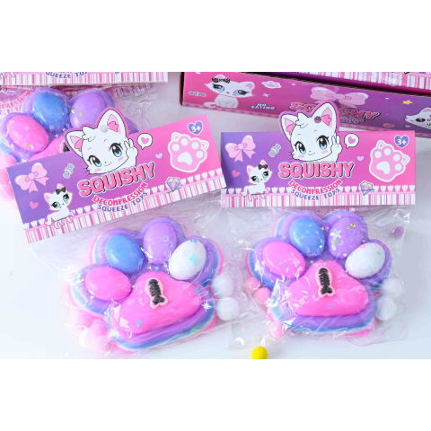 Jucarii Squishy si Gonggi - Jucarie Antistres Squishy, Flippy, cu Revenire Lenta, Model Labuta de Pisica, cu Pestisor, 220g, 12.5 x 10.5 cm Squeeze Pinch Family, Ambalaj Transparent, Roz-Multicolor