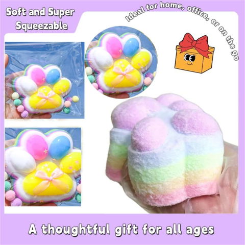 Jucarii Squishy si Gonggi - Jucarie Antistres Squishy, Flippy, cu Revenire Lenta, Model Labuta de Pisica Pufoasa, 12.5x10.5 cm, 220g, Squeeze Pinch Family, Ambalaj Transparent, Roz Curcubeu