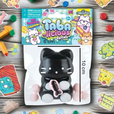 Jucarii Squishy si Gonggi - Jucarie Antistres Squishy, Flippy, cu Revenire Lenta, Squeeze Pinch Family, Model Pisicuta, 10cm x6cm Ambalaj Transparent, 70 gr, Negru