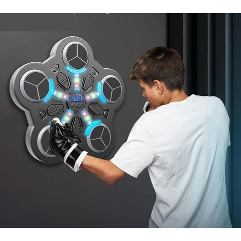 TeoMarket - Jucarie de Boxat cu Muzica si Lumini, Flippy, Manusi Incluse, Bluetooth, Incarcare USB, Aplicare cu Ventuze, 5 Tinte, 33x33x4.5 cm, 930 g, Negru