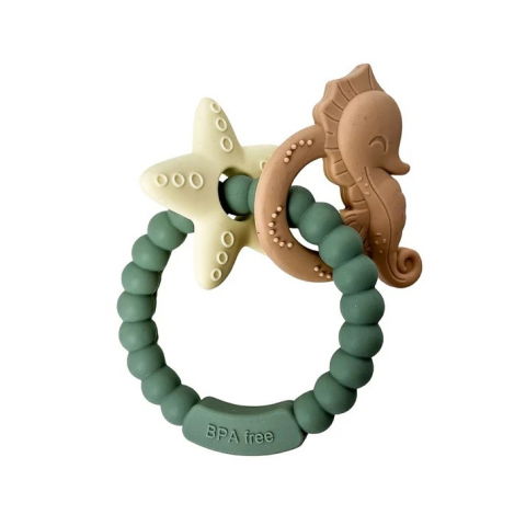 25 - 50 LEI - Jucarie Dentitie Bebelusi, Flippy, Tip Bratara, Model Calut si Stea de Mare, + 3 luni, din Silicon, fara BPA, 8.1 x 8.1 x 1.2 cm, Verde