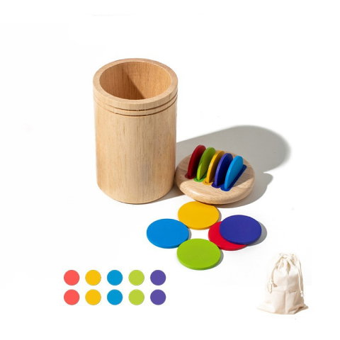 Import - Jucarie Educativa Montessori din Lemn, 13 Piese, Flippy, Sortator cu Discuri Colorate, Joc de Motricitate Fina pentru Copii, Varsta 2+ ani, Saculet Depozitare, 11.3 x 7 cm, Multicolor