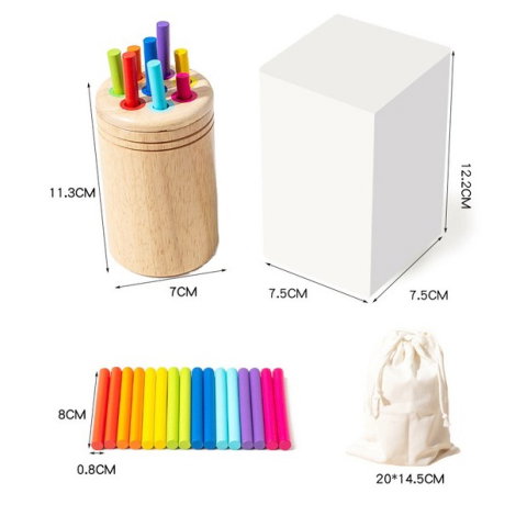 Import - Jucarie Educativa Montessori din Lemn, 19 Piese, Flippy, Sortator cu Betisoare, Joc de Motricitate Fina pentru Copii, Varsta 2+ ani, Saculet Depozitare, 11.3 x 7 cm, Multicolor