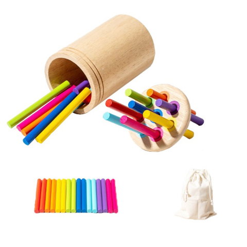 Import - Jucarie Educativa Montessori din Lemn, 19 Piese, Flippy, Sortator cu Betisoare, Joc de Motricitate Fina pentru Copii, Varsta 2+ ani, Saculet Depozitare, 11.3 x 7 cm, Multicolor