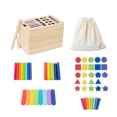 Import - Jucarie Educativa Montessori Flippy din Lemn, Cutie Sortare Forme, Culori si Betisoare, Joc de Insirare, 56 piese, Dezvoltare Motricitate Fina, Copii 3+ ani, Multicolor
