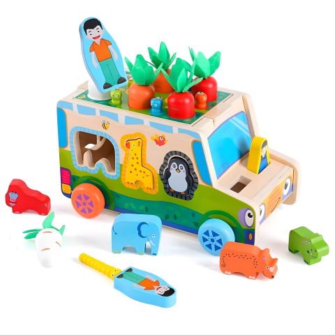 TeoMarket - Jucarie Educativa Montessori, Flippy, Model Masinuta Educativa din Lemn 6 in 1, Sortator Forme, 1-3 ani, 23.7 x 17.5 x 12 cm, Multicolor