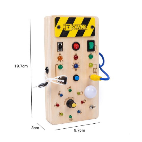 Import - Jucarie Educativa Montessori pentru Copii, Flippy, Model Busy Board, Tableta din Lemn cu Circuit Luminos, 36 Comutatoare, Lumini LED, 19,5 x 9,7 x 3 cm, Lemn Natur