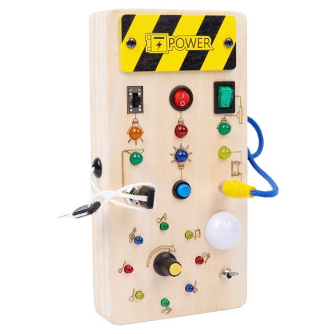 Import - Jucarie Educativa Montessori pentru Copii, Flippy, Model Busy Board, Tableta din Lemn cu Circuit Luminos, 36 Comutatoare, Lumini LED, 19,5 x 9,7 x 3 cm, Lemn Natur