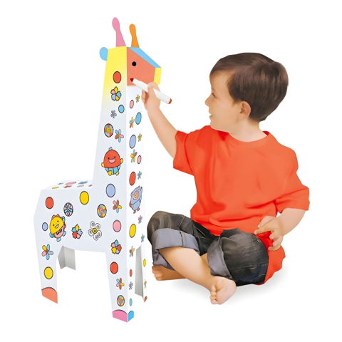 Jucarii educative - Jucarie Educativa pentru Copii, Flippy, Model Girafa 3D, Set de Asamblat si Colorat din Carton, Puzzle 3D Educativ, 31 x 7.5 x 54 cm, 3+ ani, Alb Multicolor