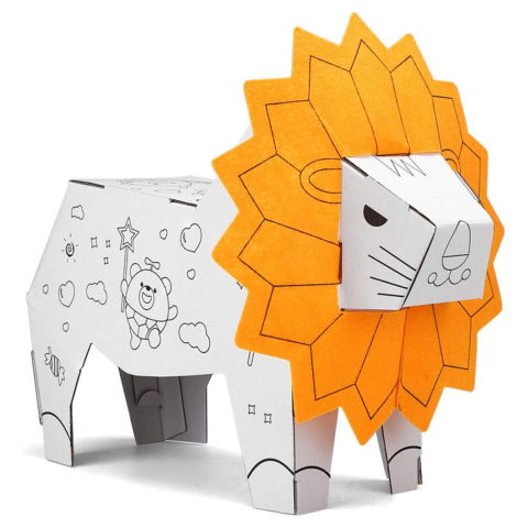 Jucarii educative - Jucarie Educativa pentru Copii, Flippy, Model Leu 3D, Puzzle 3D de Asamblat si Colorat din Carton, Educativ, 41 x 12 x 33 cm, 3+ ani, Maro/Alb