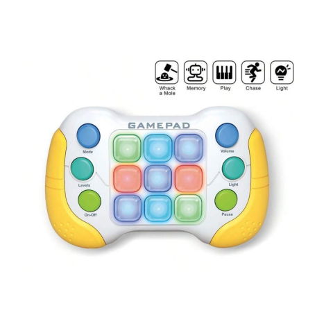 Console - Jucarie Interactiva Flippy, Tip Consola Pop It, 6 butoane functionale, 5 Moduri de Joc, 600 Niveluri, + 3 ani, Galben/Gri