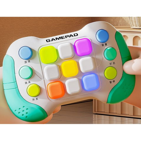 Console - Jucarie Interactiva Flippy, Tip Consola Pop It, 6 butoane functionale, 5 Moduri de Joc, 600 Niveluri, + 3 ani, Verde/Gri