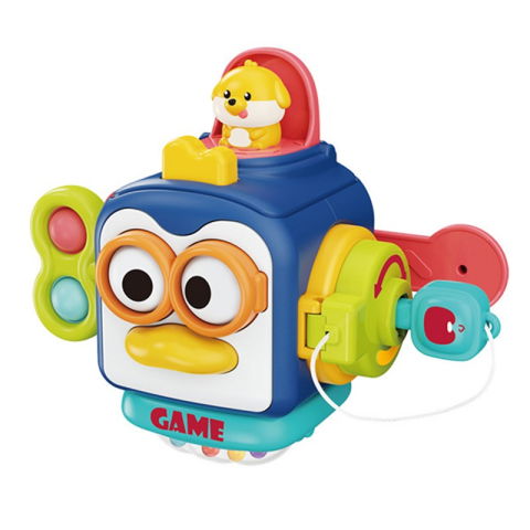 TeoMarket - Jucarie interactiva Montessori, Flippy, Jucarie pentru Bebelusi, Model Pinguin Ocupat, din Plastic rezistent, Varsta 18+ luni, 13 x 11 x 11 cm, Albastru/Multicolor