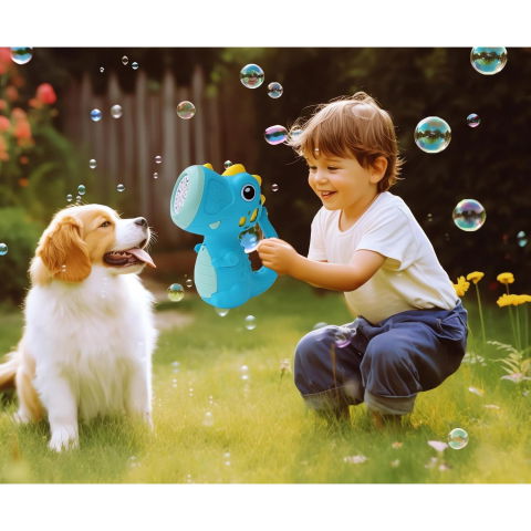 25 - 50 LEI - Jucarie Interactiva pentru Baloane de Sapun, Flippy, Sunete si Lumini, Model Dinozaur, cu 8 Orificii, 17.1 x 10.4 x 21.5 cm, Albastru