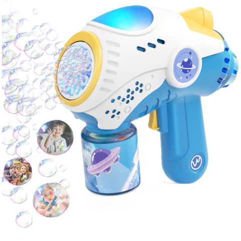 25 - 50 LEI - Jucarie Interactiva pentru Baloane de Sapun, Flippy, Sunete si Lumini, Model Pistol, cu 8 Orificii, 20.6 x 9.4 x 21 cm, Albastru