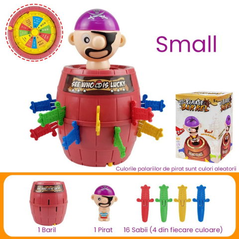 10 - 25 LEI - Jucarie interactiva Pirat Saltaret, Flippy, Joc de Grup/Familie, 16 sabii + 1 Pirat, 10 x 10 x 16.5 cm Mov/Maro