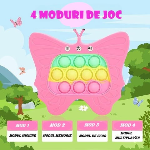 Best deals - Jucarie Interactiva Tip Consola pentru Copii, Flippy, Diferite Moduri de Joc, 120 Nivele, Material ABS/silicon, Sunete si Lumini, 12 x 5.5 x 13.5 cm, Model Fluture, Fucsia