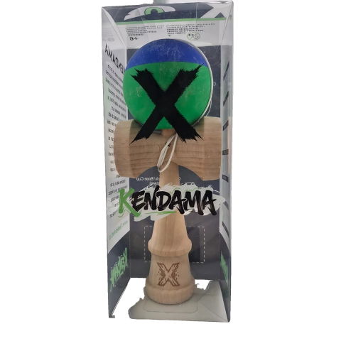 50 - 100 LEI - Jucarie Kendama X Originala, Profesionala, Flippy, din Lemn, Rubber Grip, 18 cm, Albastru/Verde
