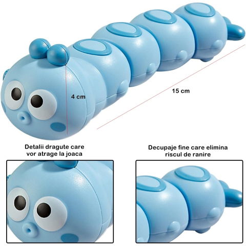 Best deals - Jucarie mecanica pentru copii Flippy, omida haioasa, material ABS, cu cheita, distractiva, se taraste, se misca, 15 x 4 cm, albastru