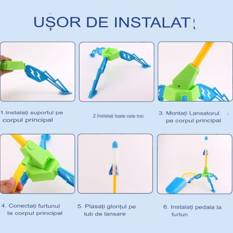 50 - 100 LEI - Jucarie pentru Copii, Flippy, Lansator de Rachete cu Piciorul, un Singur Lansator, 6 Rachete Fara Lumini, 40.5 cm Inaltime, Multicolor