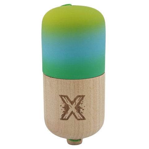 Import - Kendama Pill X Originala, Flippy, Profesionala Model Rubber Grip Pilula, din Lemn, Varsta 9+, Ata 62/65 cm, 11 x 5 x 5 cm, Gradient Galben/Albastru/Verde