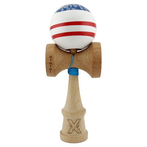 TeoMarket - Kendama X CHICANOS Originala, Profesionala, Flippy, Big Cups V2, Super Sticky cu Cupe Mari, Rulment Metalic, din lemn 18 cm, Ata 55 cm, Albastru/Alb