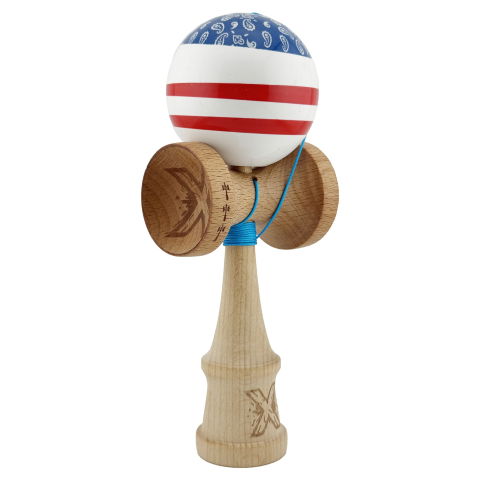 TeoMarket - Kendama X CHICANOS Originala, Profesionala, Flippy, Big Cups V2, Super Sticky cu Cupe Mari, Rulment Metalic, din lemn 18 cm, Ata 55 cm, Albastru/Alb
