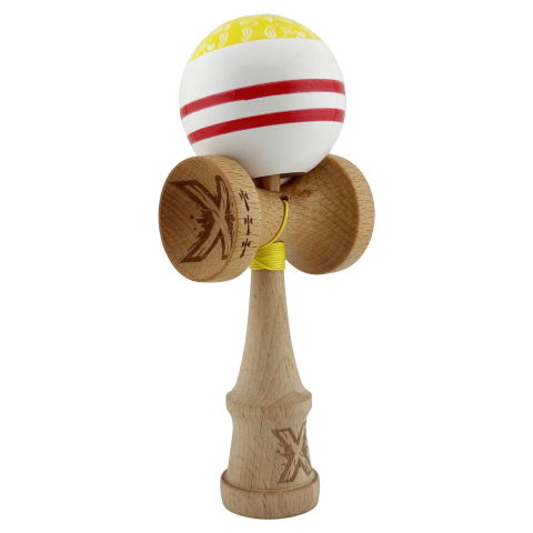 TeoMarket - Kendama X CHICANOS Originala, Profesionala, Flippy, Big Cups V2, Super Sticky cu Cupe Mari, Rulment Metalic, din lemn 18 cm, Ata 55 cm, Auriu/Alb
