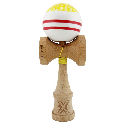 TeoMarket - Kendama X CHICANOS Originala, Profesionala, Flippy, Big Cups V2, Super Sticky cu Cupe Mari, Rulment Metalic, din lemn 18 cm, Ata 55 cm, Auriu/Alb