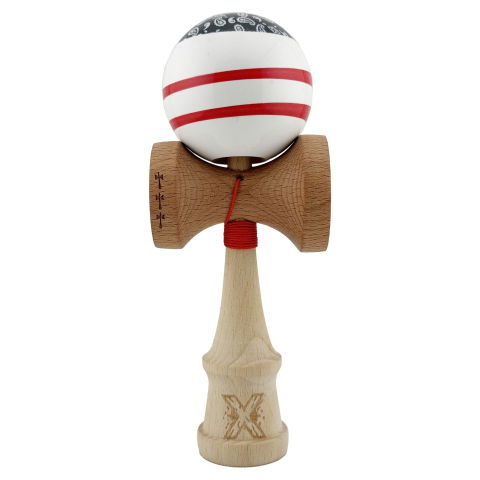 TeoMarket - Kendama X CHICANOS Originala, Profesionala, Flippy, Big Cups V2, Super Sticky cu Cupe Mari, Rulment Metalic, din lemn 18 cm, Ata 55 cm, Negru/Alb