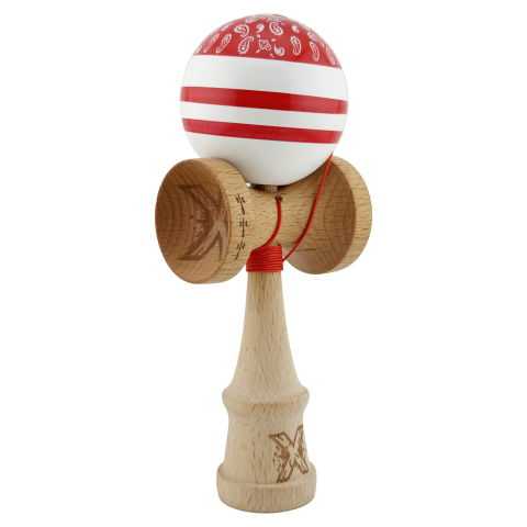 TeoMarket - Kendama X CHICANOS Originala, Profesionala, Flippy, Big Cups V2, Super Sticky cu Cupe Mari, Rulment Metalic, din lemn 18 cm, Ata 55 cm, Rosu/Alb