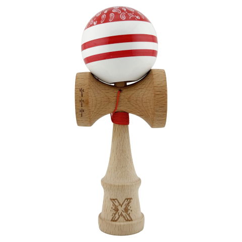 TeoMarket - Kendama X CHICANOS Originala, Profesionala, Flippy, Big Cups V2, Super Sticky cu Cupe Mari, Rulment Metalic, din lemn 18 cm, Ata 55 cm, Rosu/Alb